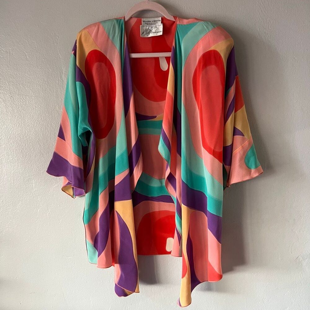 Yolanda Lorente hand-painted silk open-front art-to-wear jacket featuring a colo